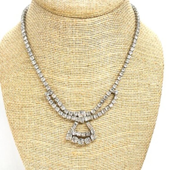 VINTAGE RHINESTONE NECKLACE ART DECO FAN DROP SILVERTONE 16” GLAM BRIDAL - Picture 1 of 16